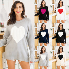 Peach Heart Knit Round Neck Pullover Sweater for Women