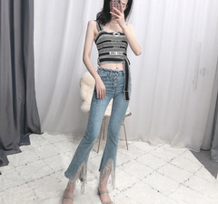 High-Waisted Chain Tassel Flare Pants