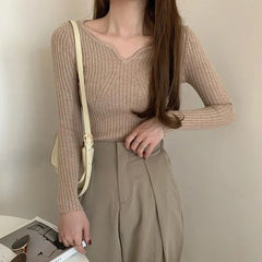 Korean V-Neck Slim Knit Sweater for Women