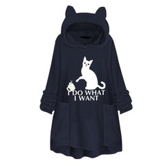 Long Sleeve Cat Print Hoodie with Irregular Hem