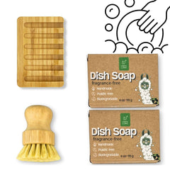 Green Llama Eco-Friendly Dish Washing Bar Soap Set with 2 Fragrance-Free Solid Coconut Oil Bars Sisal Scrub Brush and Bamboo Holder - Sustainable Kitchen Cleaning set