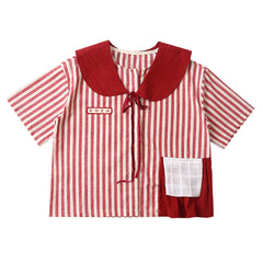 Striped Cotton-Linen Blouse with Doll Design