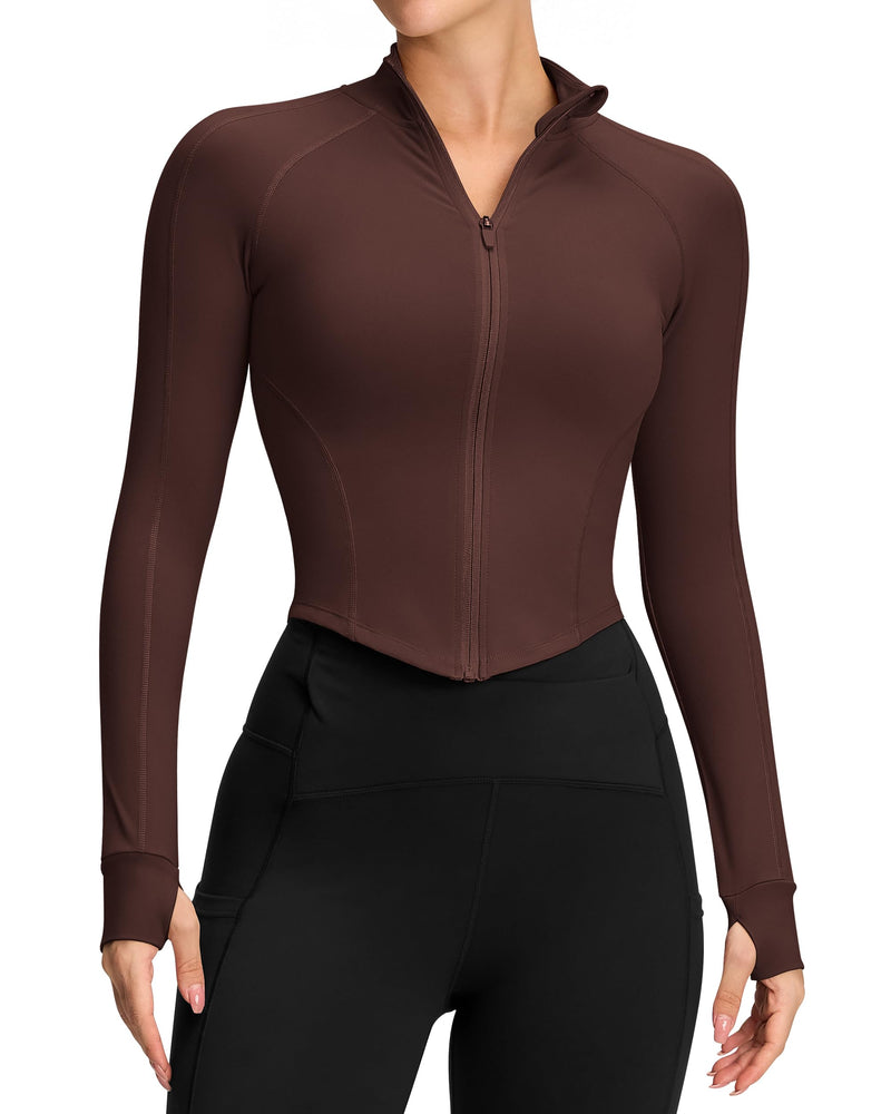 AVGO Zip Up Jackets for Women Long Sleeve Workout Tops Lightweight Crop Jacket Yoga Gym Clothes Slim Fitted(Caramel XL)