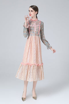 Lotus Lace Patchwork Print Maxi Dress with Bow Tie