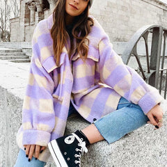 Elegant Oversized Purple Plaid Woolen Shirt for Women
