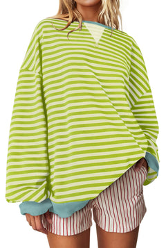 UEU Womens Fall Sweatshirt Striped Long Sleeve Crewneck Color Block Loose Fitting Pullover Sweater Tops Green Apricot Striped Large
