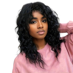 puheca 20Inch water wave Black Wig with Bangs Long Curly Synthetic Natural Looking Wigs for Women Daily Party Cosplay Halloween Costume