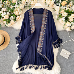 Bohemian Vintage Embroidered Cardigan with Fringe