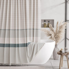 AmazerBath Farmhouse Shower Curtains for Bathroom Boho Shower Curtain with Tassels Striped Shower Curtain Beige Faux Linen Shower Curtain with Hooks Rustic Shower Curtain Neutral 72x72 Inches