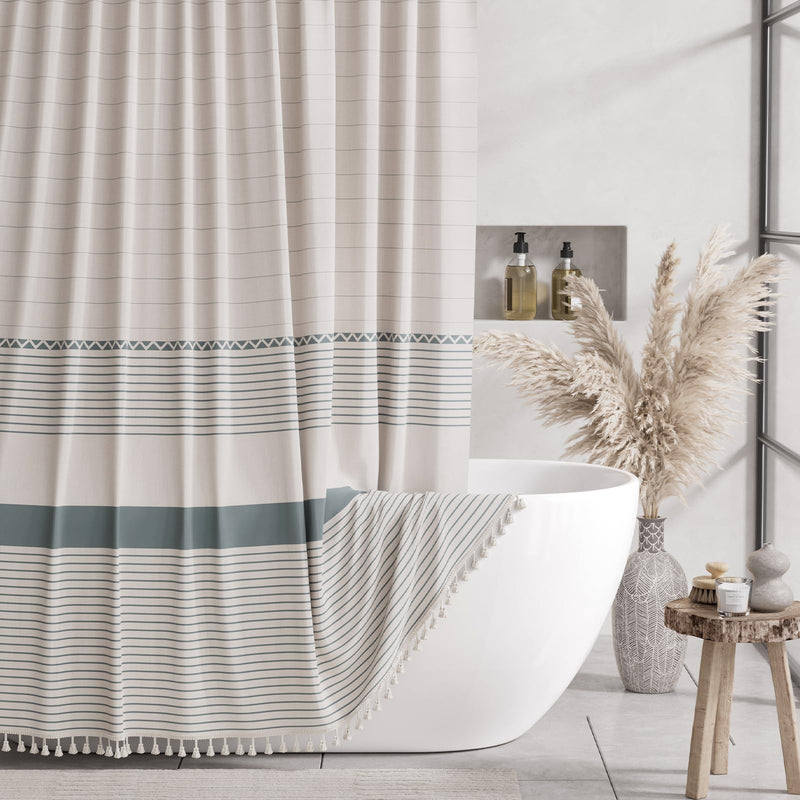 AmazerBath Farmhouse Shower Curtains for Bathroom Boho Shower Curtain with Tassels Striped Shower Curtain Beige Faux Linen Shower Curtain with Hooks Rustic Shower Curtain Neutral 72x72 Inches