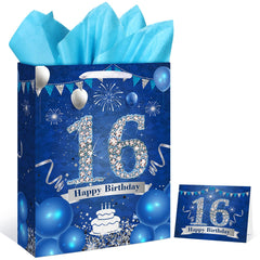 Blue 16th Birthday Gift Bag Navy Blue Silver 16th Birthday Gift Bag with Tissue Papers and Card Blue Silver 16th Birthday Gift Wrapping Bag for Boys Girls 16th Birthday Decorations 12.9x9.8x3.1