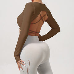 New Women's Long Sleeve Yoga T-Shirt with Cross Back
