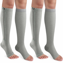 CASMON 2 Pairs Zipper Compression Socks for Women & Men 15-20 mmHg Open Toe Knee High Support Socks for Varicose Vein Edema