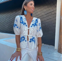 Elegant Flower Print Puff Sleeve Blouse for Women