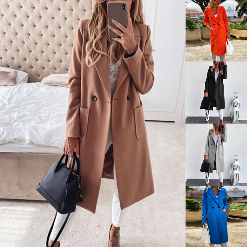 Women's Wool Coat with Double Pockets and Suit Collar