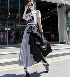 High-Waist Striped Ruffled Skirt with Contrast Stitching