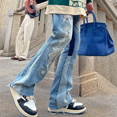 Men's Ripped Straight Loose-Fitting Patchwork Jeans