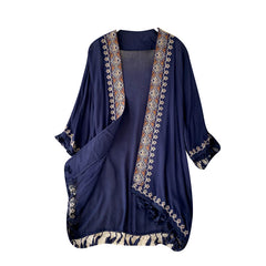 Bohemian Vintage Embroidered Cardigan with Fringe