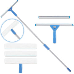 AMERWASH PLUS Window Squeegee Washing Kit for High Window Shower Glass Door Mirror Cleaning with 69-inch Extension Pole Extra 14 Wide Squeegee and 2 Microfiber Scrubbers Included