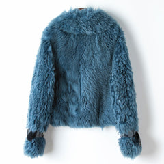 Cotton Jacket with Teddy Fur Collar in Denim Blue