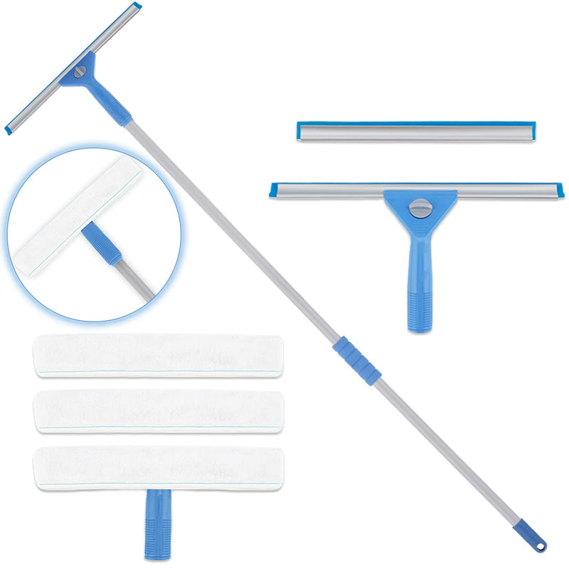 AMERWASH PLUS Window Squeegee Washing Kit for High Window Shower Glass Door Mirror Cleaning with 69-inch Extension Pole Extra 14 Wide Squeegee and 2 Microfiber Scrubbers Included