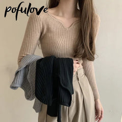 Korean V-Neck Slim Knit Sweater for Women