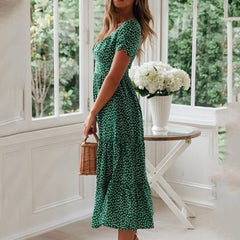 Women's Floral Dress with Square Neck and Bubble Sleeves
