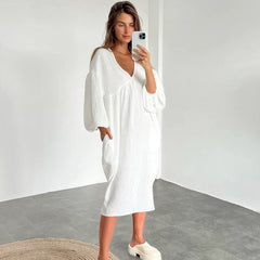 Autumn Long Sleeve Sleep Dress with V-Neck for Women