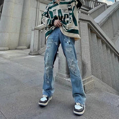 Men's Ripped Straight Loose-Fitting Patchwork Jeans