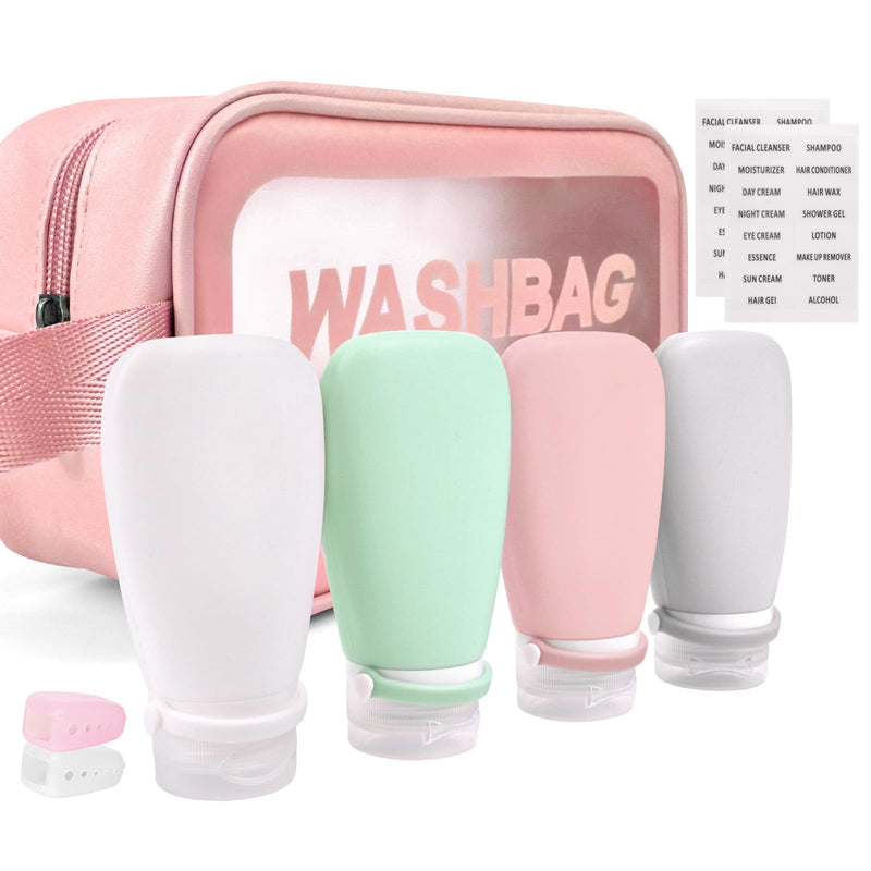 3oz Food-Grade Silicone Travel Bottles for Toiletries – TSA Approved Leak Proof Containers with Blue Wash Bag Toothbrush Cover and Labels | Perfect for Toiletries Lotion and Salad Dressings (Pink)