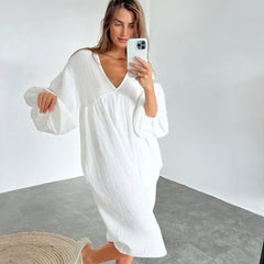 Autumn Long Sleeve Sleep Dress with V-Neck for Women