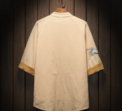 Embroidered Crane Short Sleeve Shirt with Frog Buttons