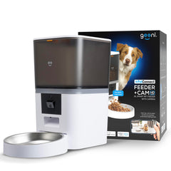 Geeni 6L Smart Pet Feeder with Camera 1080p HD Night Vision Two-Way Audio Pre-Recorded Messages WiFi Enabled Voice Control with Alexa & Google Home Automatic Cat & Dog Food Dispenser White