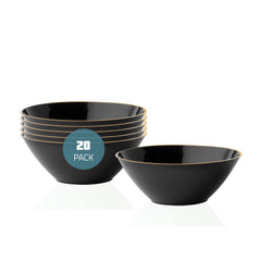 Posh Setting Plastic Party Bowls 6 oz Plastic Dessert Bowls Disposable for Ice Cream Black Plastic Salad Bowls for Parties Fancy Bowls for Buffet Wedding Disposable Dishes 20 Pack Black/Gold Rim