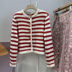 Spring Women's Slim Fit Red & White Striped Cardigan