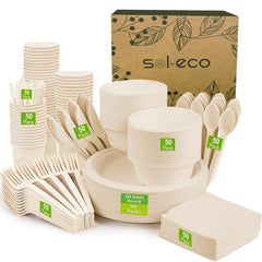 SOL ECO Compostable Paper Plates 400 PCS Heavy-Duty Compostable Plates Party Paper Plates & bowls (10 inch & 20 oz) Forks Knives Spoons Cups & Napkins for Party 50 Guest