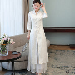 Retro Cotton Linen Qipao Dress with Seven-Point Sleeves