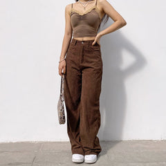 Loose Straight High Waist Corduroy Pants with Pockets