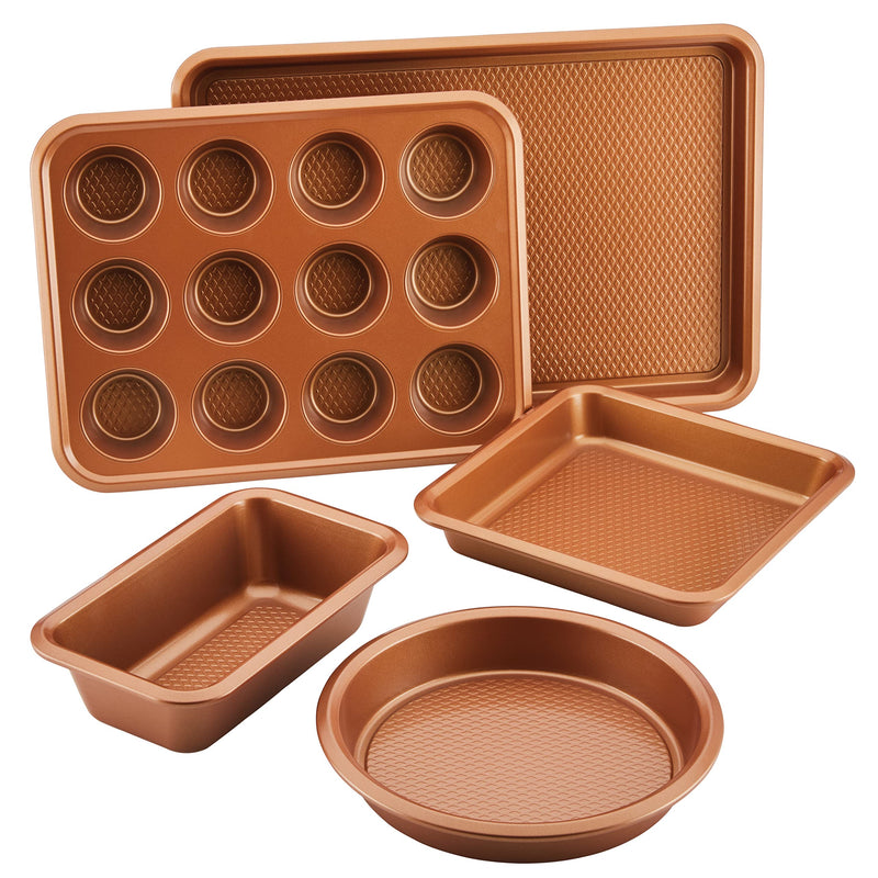 Ayesha Curry Kitchenware Nonstick Bakeware Set Includes Cookie Sheet Loaf Muffin Cake Pans 5-Piece Copper