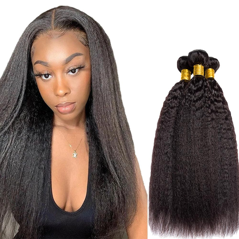Yaki Straight Bundles Human Hair Natural Black Color Unprocessed Brazilian Virgin Hair 3 Bundles 16 16 16 Inch Kinky Straight Bundles Human Hair Color #1B Bundles