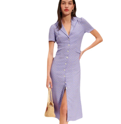 Purple V-Neck Polka Dot Ruffle Hem Dress