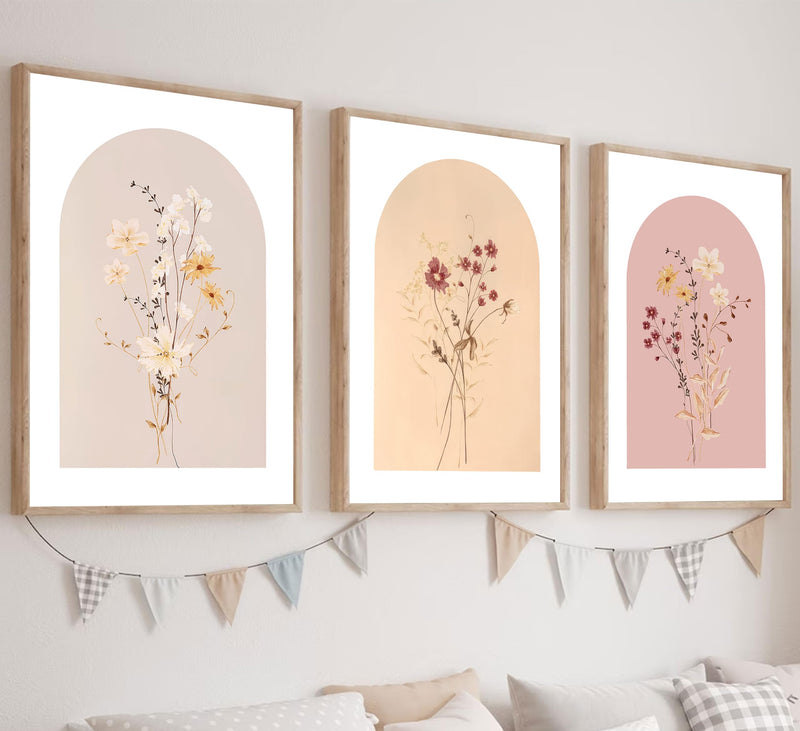 3Pcs Watercolor Wildflower Wall Art Pictures Neutral Botanical Floral Wall Decor Vintage Boho Flowers Bouquet Painting Minimalist Canvas Posters Prints for Living Room Bedroom 16x24in Unframed