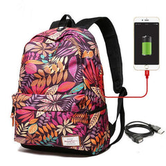 Cute Blue Floral Waterproof Backpack with Charging Port