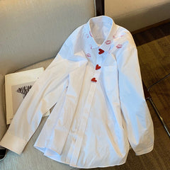 Korean Casual White Long Sleeve Shirt with Heart Print