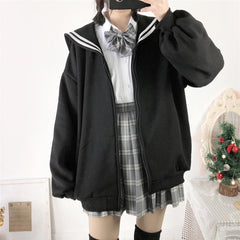Oversized Zip-Up Hoodie with Sailor Collar Streetwear