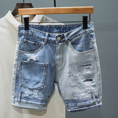 Men's Light Denim Shorts with Patchwork and Holes