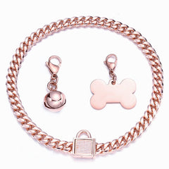 RUMYPET Rose Gold Chain Dog Collar 10MM/14MM Cuban Link Dog Collar Chew Proof Stainless Steel Chain Collar for Small Medium Large Dogs 10-26Inch(10mm22inch)