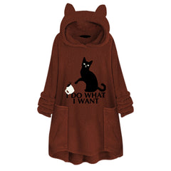 Long Sleeve Cat Print Hoodie with Irregular Hem