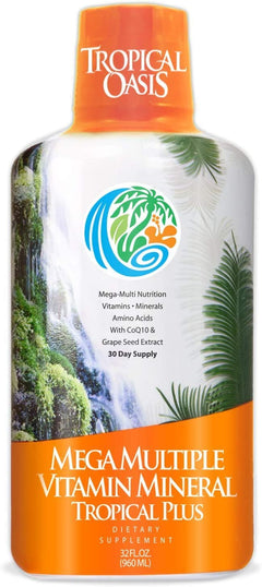 Tropical Oasis Mega Plus - Liquid Multivitamin and Mineral Supplement – Includes 85 Vitamins & Minerals 20 Amino Acids + CoQ10 Grape Seed Extract & Organic Aloe Vera - 32oz 32 Servings 33460