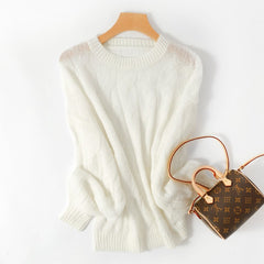 Loose Fit Women's Thin Knit Sweater with Hollow Neck